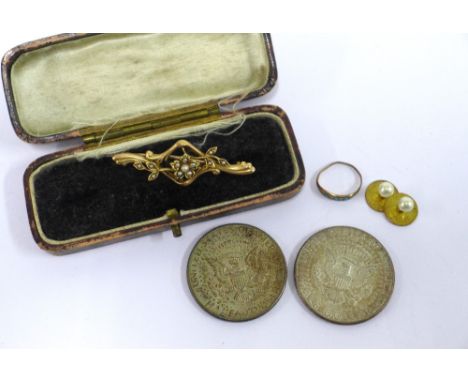 15ct gold seed pearl brooch, two rolled gold studs, an unmarked ring with turquoise and two commemorative coins 