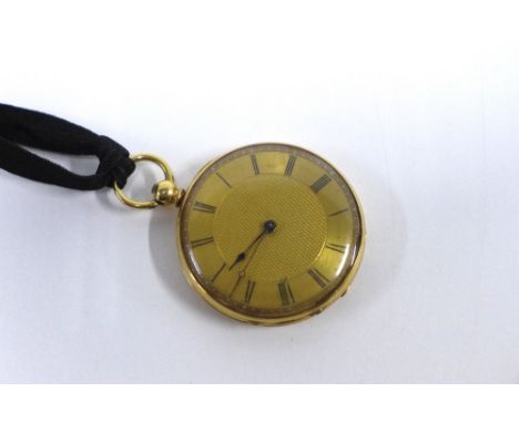 18ct gold cased fob watch, engine turned dial with Roman Numerals, inside of dust cover stamped 18ct 