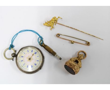 Early 20th century continental silver cased fob watch, 9ct gold bar brooch, stag stick pin and a gold plated fob (40 