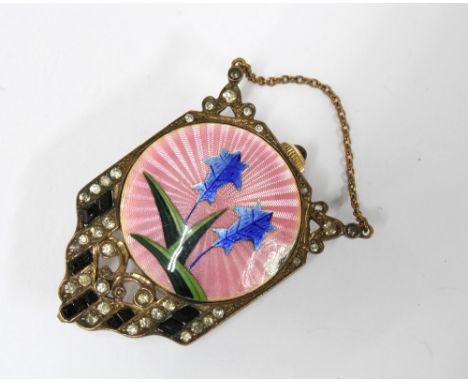 Art Deco pink enamel watch pendant in a gilt metal and paste set case, 4cm 