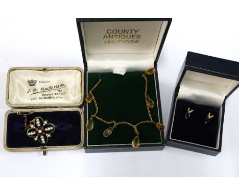 An Edwardian 9ct gold and citrine set necklace, a pair of 9ct gold sapphire stud earrings and a 15ct rose gold brooch with gr