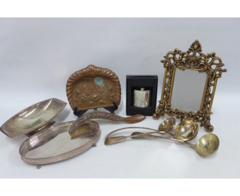 Mixed metal wares to include Epns ladles, hip flask, copper crumb scoop and brush and a faux giltwood mirror, etc (a lot) 