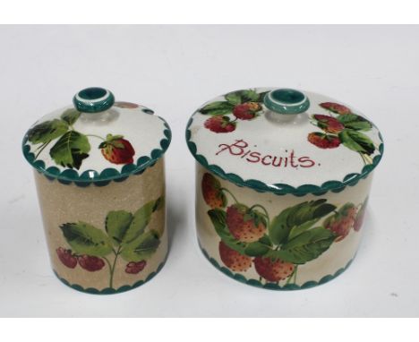 Wemyss Ware handpainted strawberries pattern Biscuits jar and cover together with a matching Wemyss preserve jar and cover, i