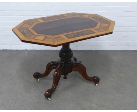 Victorian inlaid centre table,  the octagonal rosewood top with a satinwood border comprising detailed inlaid patterns, on a 