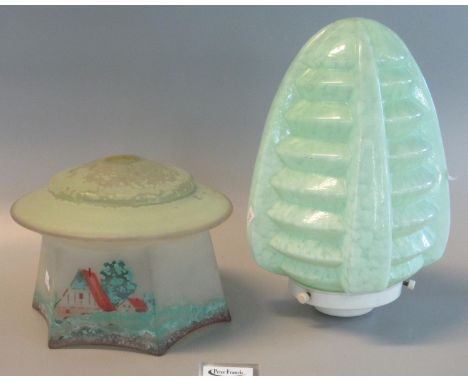 Two early 20th Century glass light shades, one marbled, one with painted decoration. (2)(B.P. 21% + VAT) 