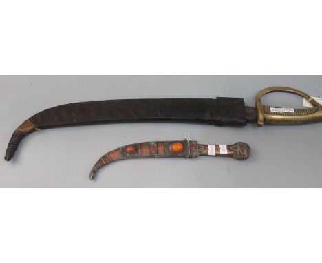 19th Century brass hilted steel bladed cutlass with leather covered scabbard. Together with an Ottoman Poinard or Arab dagger
