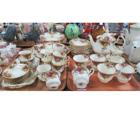 Two trays of Royal Albert English bone china 'Old Country Roses' design items to include; teapot, teacups and saucers, small 