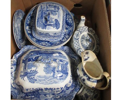 Box of assorted Spode 'Italian' design and other blue and white items including Wedgwood, various; cheese dish and cover, pla