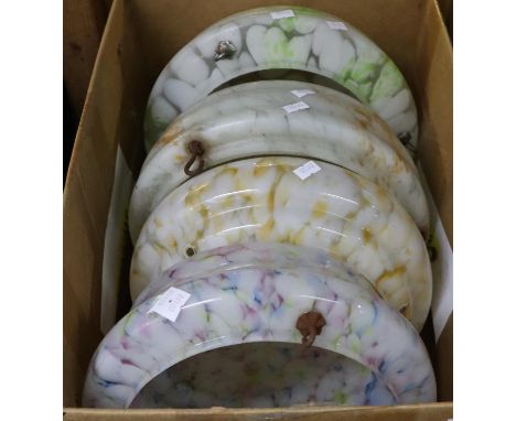 Box containing four vintage 1930s 'fly catcher' marbled glass, ceiling light shades: one green, two yellow ochre and one poly