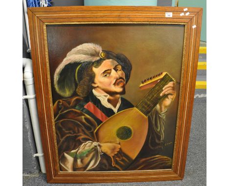 Portrait of a 17th Century minstrel, oils on board. 100x 79cm approx, framed. (B.P. 21% + VAT) 