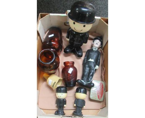 Box containing three brown glass vases marked 'Virol', large Homepride plastic flour mascot with two matching plastic salt an