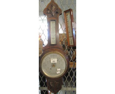 Early 20th century oak aneroid barometer, together with an oak cased wall thermometer.(B.P. 21% + VAT) 