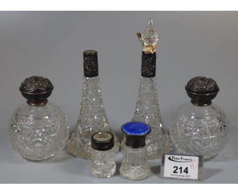 Collection of silver topped ladies vanity items to include globular hobnail cut scent bottles, conical shaped scent bottles, 