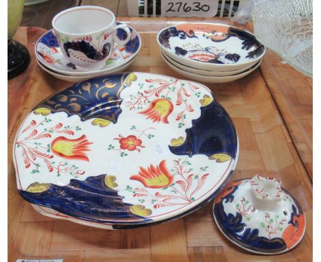 Tray of assorted china to include: pair of Gaudy Welsh bread and butter plates, two 'Bali' pattern saucers, one 'Grape Vine' 