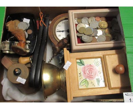 Box of oddments to include: various coins, mahogany boudoir-shaped mantel clock, vintage cork screw, coffee grinder etc.(B.P.