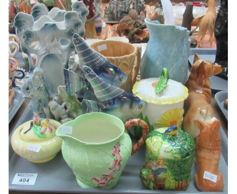 Tray of assorted china to include; Carlton Ware milk jug and preserve pot, Japanese ceramic jam pot, two blue and white vases