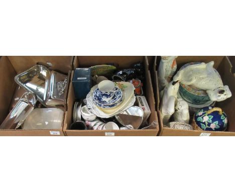 Three boxes of assorted china and metalware to include: metal lidded serving dishes, a square Shelley plate decorated with bl