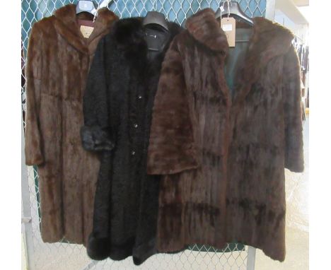 Three vintage fur coats to include; a black astrakhan with mink fur collar, a Pelshandel squirrel fur coat and another by Mar