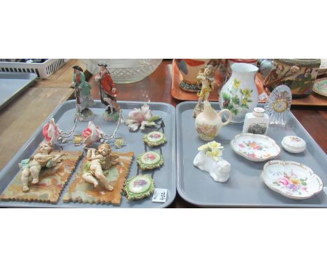 Two trays of assorted china to include: Royal Worcester 'Herbs' vase, Royal Worcester commemorative blush ivory jug, Royal Wo