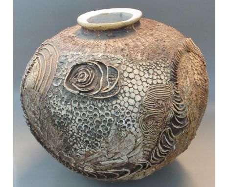 Large ceramic stoneware relief decorated globular vase with foliate and stylised decoration, unmarked. 58cm high approx. (B.P