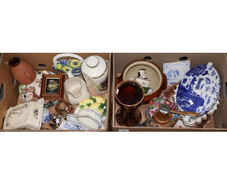 Two boxes of assorted china to include: a Heron Cross Pottery, Stoke-on-Trent stone hot water bottle decorated with an image 