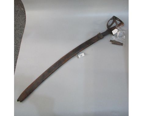 19th Century metal hilted cutlass with wooden grips and fullered curved and clipped blade, in leather scabbard, probably Dutc