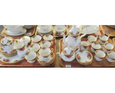 Two trays of Royal Albert 'Old Country Roses', one part teaset and one part coffee set to include: six teacups and saucers, s