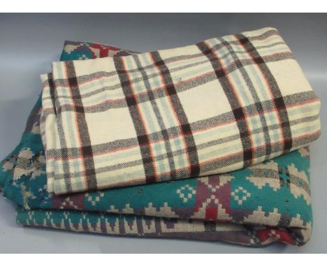Two vintage woollen blankets or carthen; one multi-colour tapestry and the other a check design. (2)(B.P. 21% + VAT) Poor con
