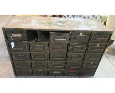 Vintage military table top metal filing cabinet or storage chest with a bank of 25 drawers with copper handles.(B.P. 21% + VA