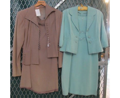 A 1940's vintage skirt suit by Hampton's and a pale blue Carnegie model faille 50's/60's wiggle dress with matching jacket. (