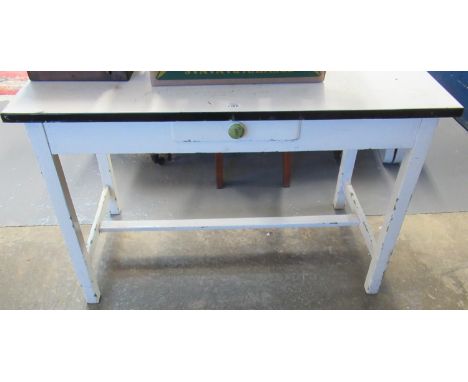 Early 20th Century pine three plank white enamel top painted single drawer kitchen table.(B.P. 21% + VAT)