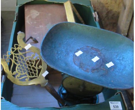 Box of items to include; trivet stand with turned handle, Salters scales, Victorian writing slope etc. (B.P. 21% + VAT) 