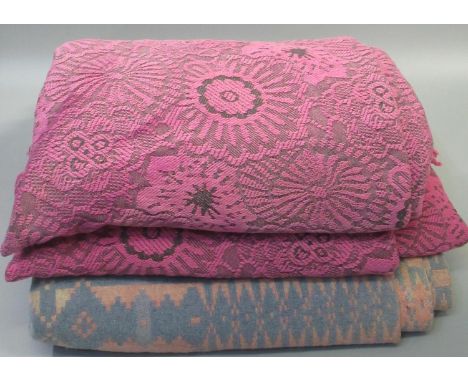 A vintage woollen Welsh tapestry blanket, together with a cotton damask St Michael's floral design bedspread with fringed edg