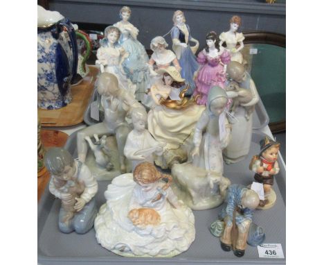 Two trays of various ceramic figures to include; Royal Worcester; 'First Quadrille', 'The Milkmaid', 'Safe at Last', 'The She