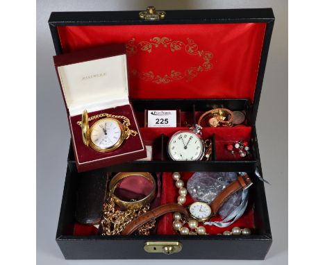 Jewellery box of assorted items to include services, chrome plated, open face pocket watch, other wrist watches, gold plated 