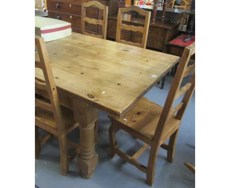 Large modern pine farmhouse kitchen table on baluster turned legs. 182 x 104 x 78 cm approx. Together with a set of six moder