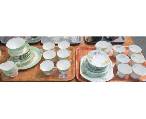 Two trays of fine bone china: one tray of Royal Albert Crown china part teaware with green woodgrain pattern border on a whit