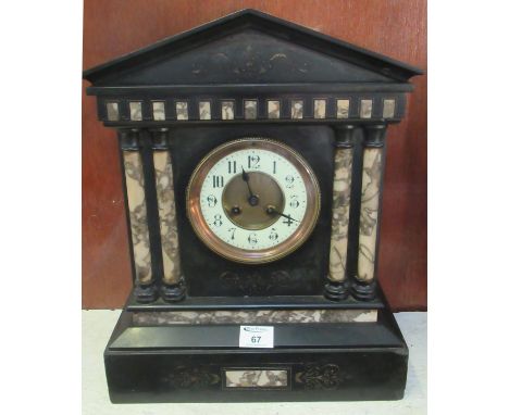 Large late 19th Century black slate and marble two train architectural mantel clock. 44cm high approx.(B.P. 21% + VAT) 