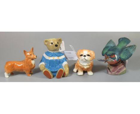 Beswick corgi dog, together with a Sylvac study of a Pekinese, a Wade 'Amelia bear' and a Royal Worcester kingfisher 3235. (4