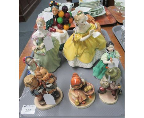 Tray of china figurines to include: Royal Doulton 'The Old Balloon Seller', Royal Doulton 'Romance', 'The Last Waltz' and 'Cl