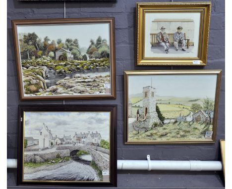 John Price group of three Welsh scenes to include Aberdaron, Cenarth Mill, and another. Signed. Oils on board. 40 x 50cm appr