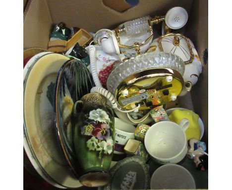 Box of assorted china to include: Royal Doulton 'Juliet' plate, Royal Worcester commemorative plate inscribed with Latin mott