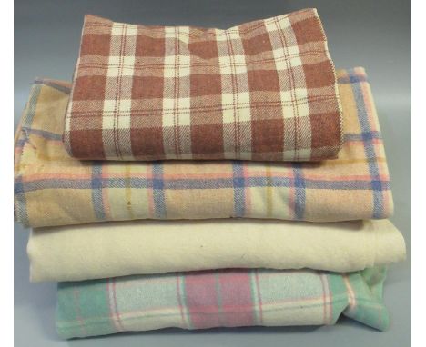 Four vintage woollen blankets; three check in various colours and one plain cream undyed. (4)(B.P. 21% + VAT) 