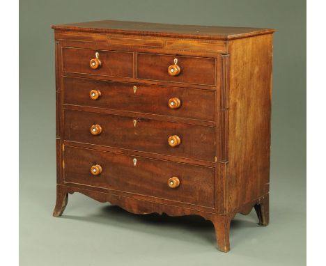A 19th century mahogany chest of drawers, (possibly Scottish), with inlaid decoration with two short and three long graduated