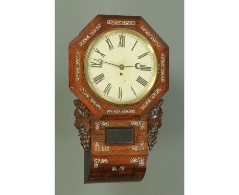 A 19th century rosewood inlaid mother of pearl single fusee wall clock.  Width 44 cm. 