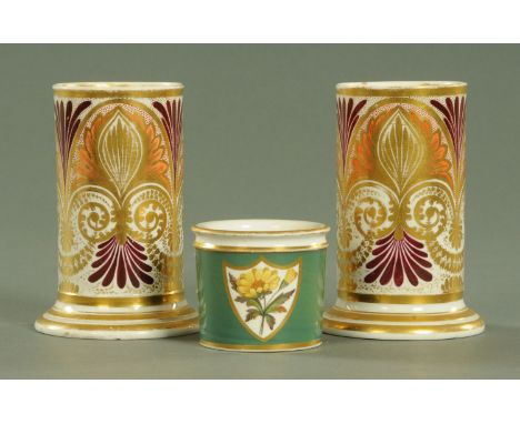 A pair of Derby (Nottingham Road) porcelain spill vases, early 19th century, each on a spreading circular foot, inscribed mar