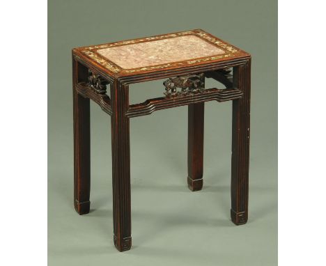 A 19th century Chinese rouge marble topped occasional table, inlaid with mother of pearl and brass strung.  Width 42 cm, dept