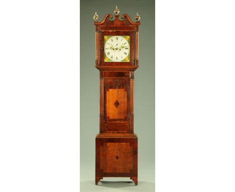 A 19th century mahogany and oak longcase clock, with swans neck pediment above a glazed door enclosing the 13" square painted