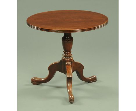A Georgian mahogany tripod table, reduced in height with turned column and three downswept legs terminating in pad feet, diam