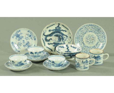 Assorted Chinese blue and white tea bowls, saucers, coffee cans, 18th century (12).